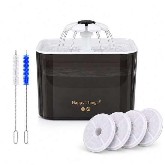 Happy Things - Drinkfontein Hond en Kat - Geruisloos - 2.5 L - Transparant Zwart met Goud - incl 4 Filters