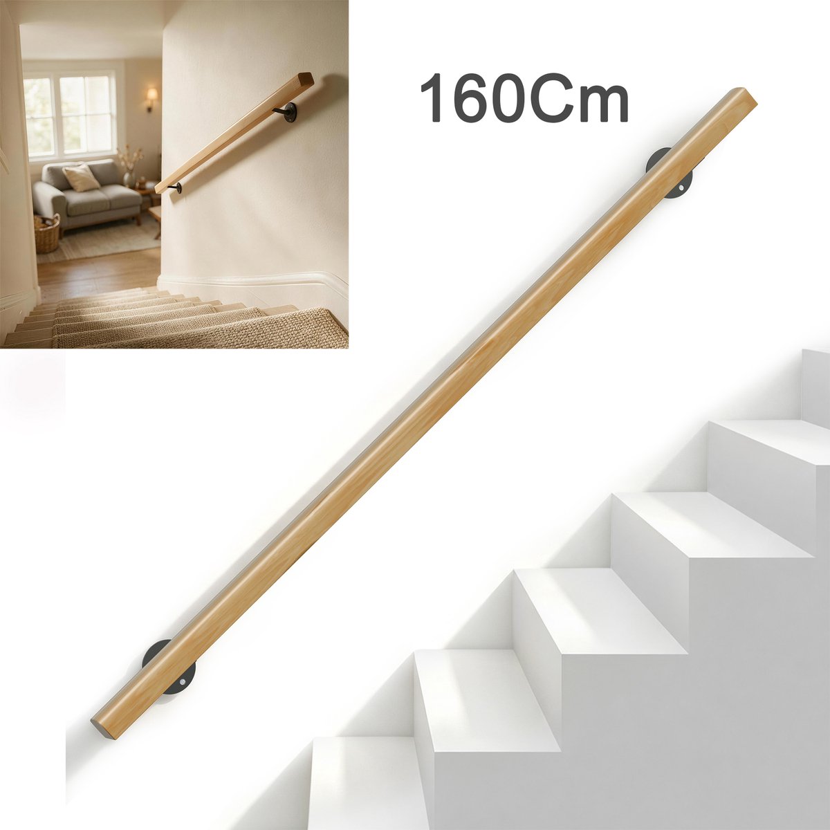 Beukenhouten Trapleuning 160 Cm – Massief Hout 60 x 40 mm – Platte Wandhandgreep met Stalen Beugels – Wandmontage voor Trap en Gang