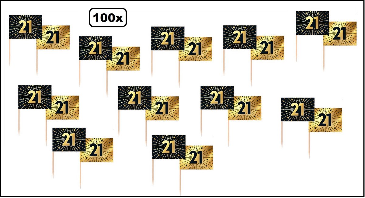 100x Cocktailprikkers 21 jaar goud/zwart - Vlag prikker Jubileum verjaardag thema feest bruiloft cocktail prikker