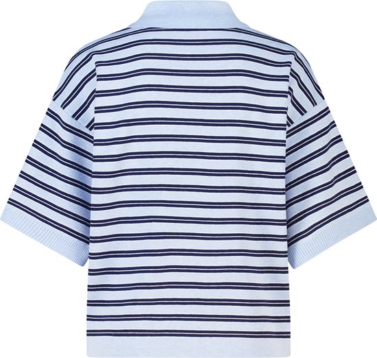 Dos d'un polo bleu clair à rayures marine et manches courtes.
