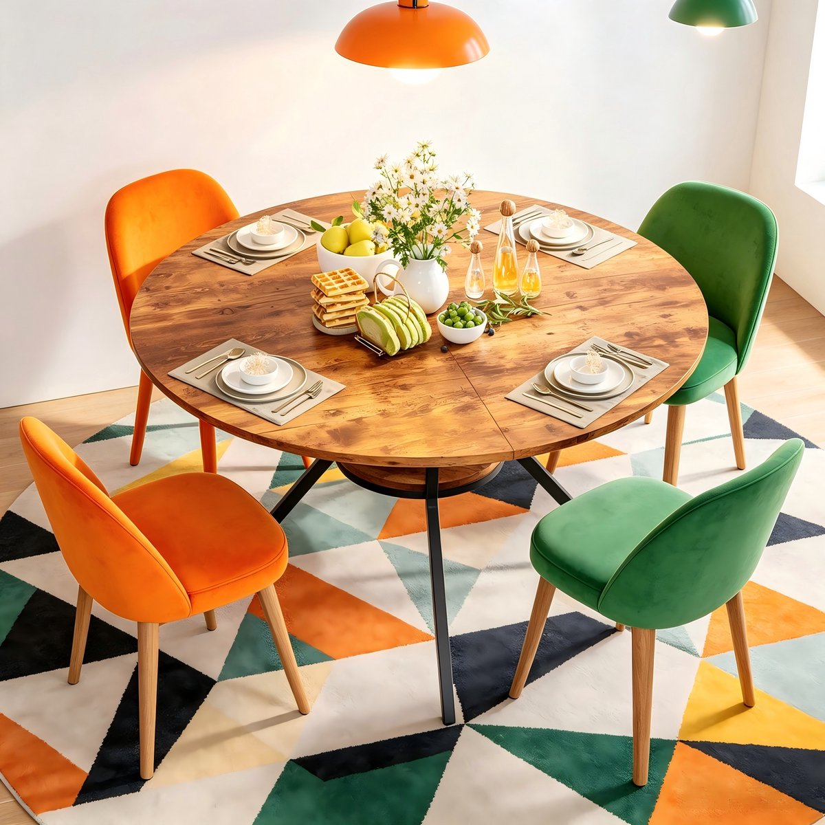 Ronde eettafel 120 cm - Vintage houtlook eettafel voor 4-6 personen - Met 40 cm onderste opbergplank - Metalen tafelpoten - Verstelbare poten - 120x120x79 cm,
