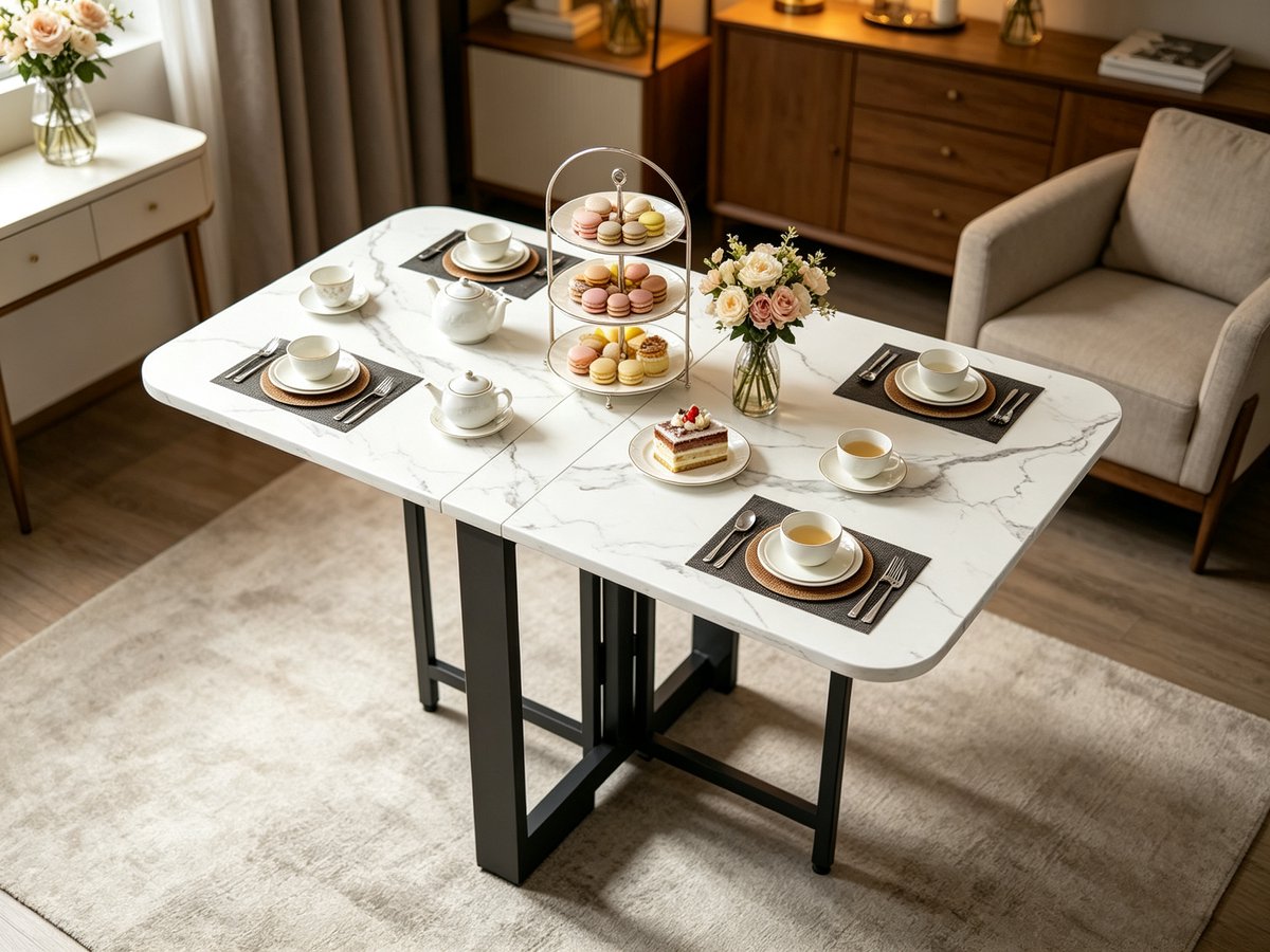 Vouwtafel 140 x 80 cm marmerlook tafelblad zwart metalen frame opklapbare eettafel voor thuis en klein appartement