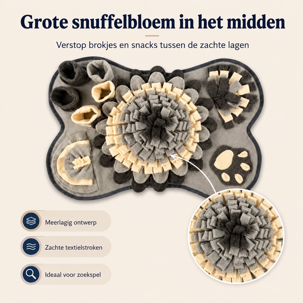 Snuffelmat Hond - Hondenpuzzel & Zoekmat - Slowfeeder voor Brokjes en Snacks - Hondenspeelgoed met Meerdere Verstopplekken - Grote Snuffelbloem - 64 x 43 cm - Grijs thumbnail 6