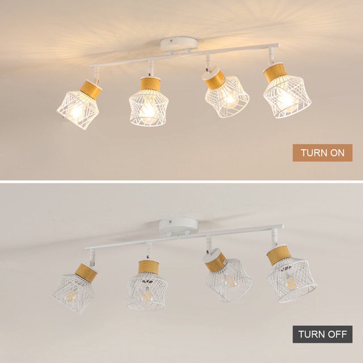 Riserva Plafondlamp modern langwerpig, ijzeren kooi spot 4‑lichts E27 max 60W zonder lamp, wit + houtkleur, verstelbaar 350°/180°, kap Ø12cm, voor woonkamer keuken slaapkamer