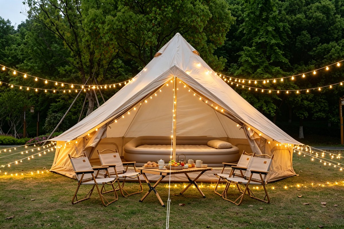Intebiki Tipi Tent - Glamping Tent - Canvas Tent 4 Persoons - 2 meter - Met UV zonbescherming - Kampeertent - Yurt Tent met Kachelopening - Festival - Festivaltent - Waterdicht - Draagtas - beige
