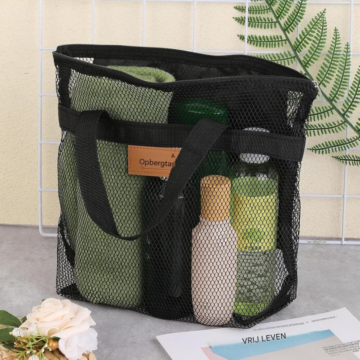 SSTRWGOOD Douchetas met handvat – Draagbare strandtas – Mesh douche-organizer – Grote capaciteit – Kampeeruitrusting – Reis-toiletas geschikt voor sportschool, douche en strand – Zwart – 31 x 27 x 10 cm