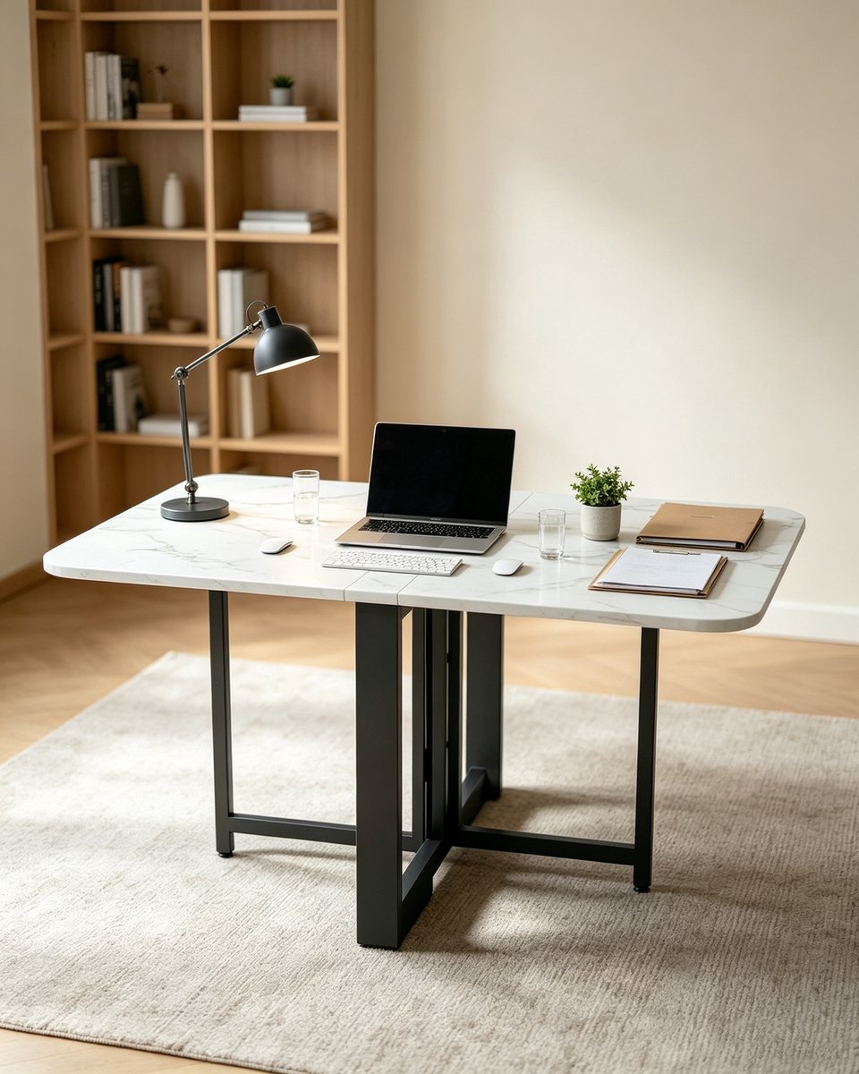 Vouwtafel 100 x 60 cm marmerlook tafelblad zwart metalen frame opklapbare eettafel voor thuis en klein appartement