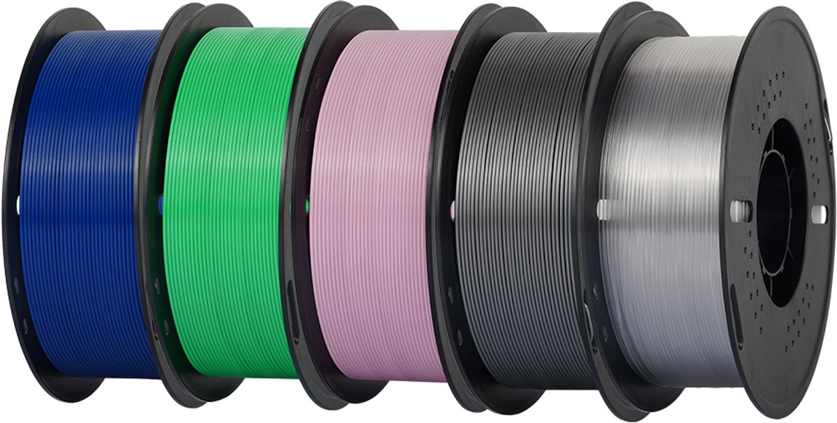 KINGROON Kleurenassortiment PETG Filament 1,75 mm – 5 kg – 5 Rollen van 1 kg – Donkerblauw, Groen, Roze, Zilver & Transparant – 3D Printer Filament
