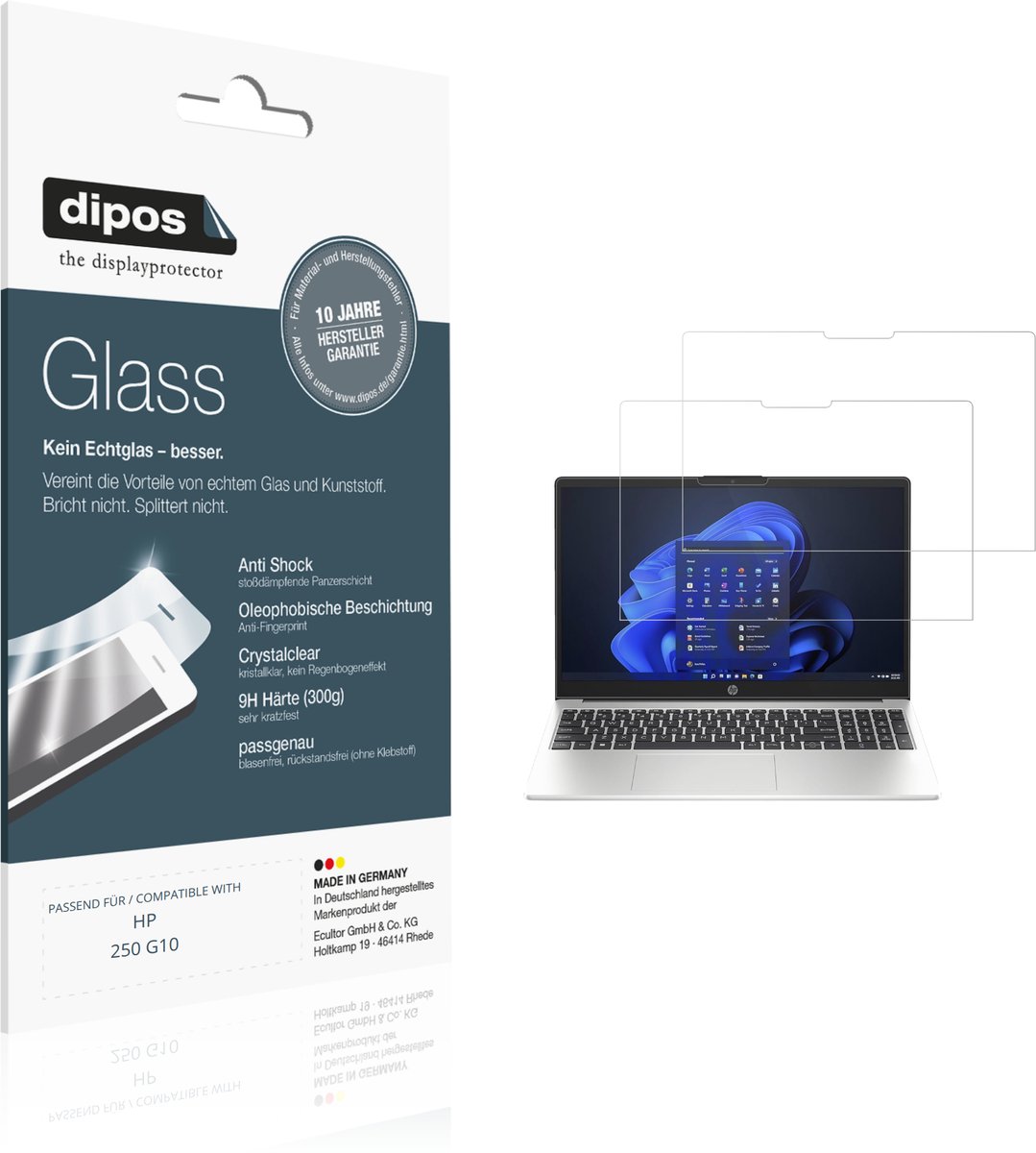 dipos – 2x Pantserfolie geschikt voor HP 250 G10 | 9H Screenprotector