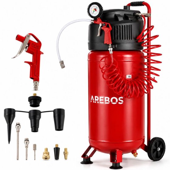 Rode 50L Arebos luchtcompressor met spuitpistool en 13-delige accessoire set.