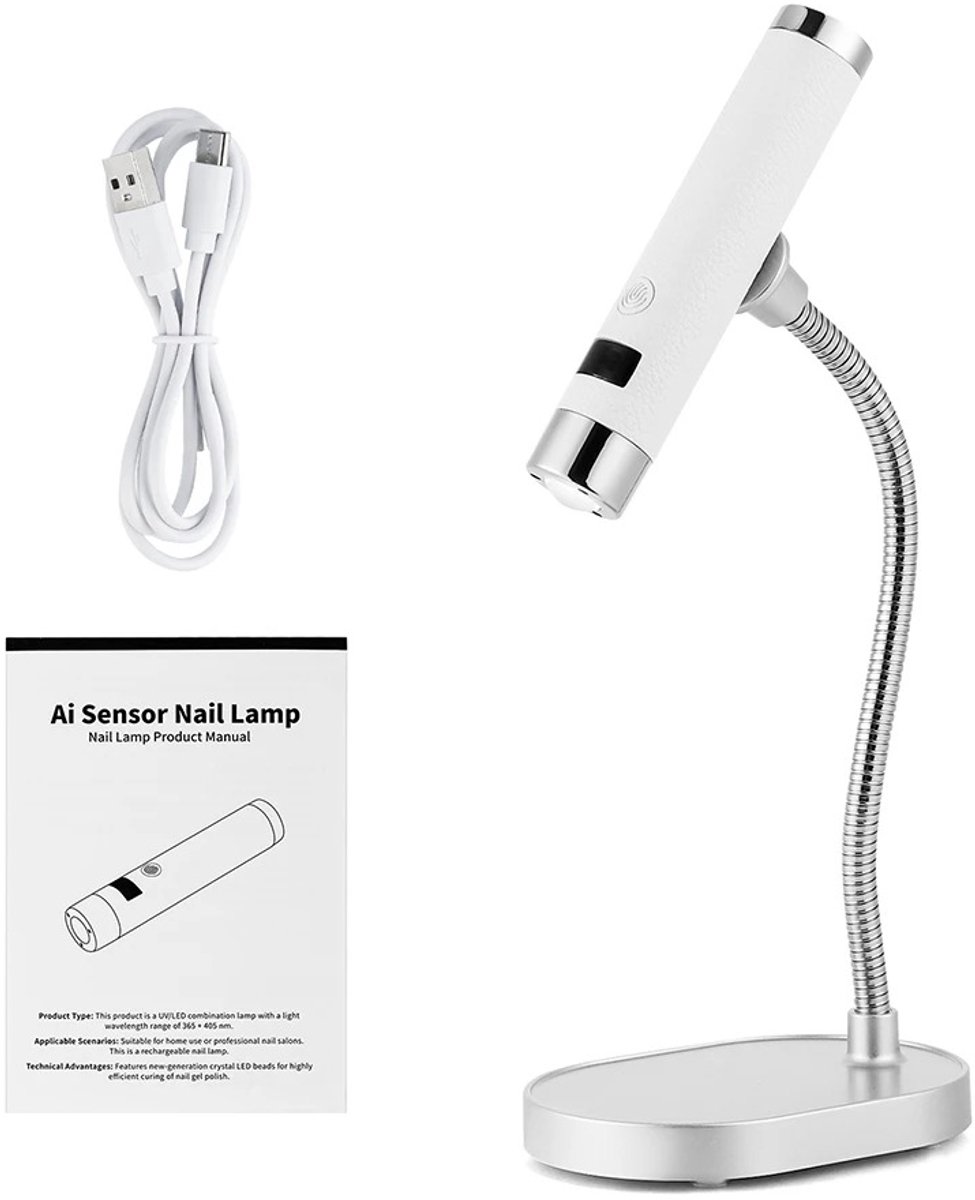 Cherrys Finds - UV-lamp Voor Nagels - Oplaadbare UV LED Nagellamp - LED-Gelnagellamp - Mini-Nagellamp Voor Gelnagels - Met Flexibele Slang - AI-sensor - Desktop En Handheld Gel Nagellamp - Wit