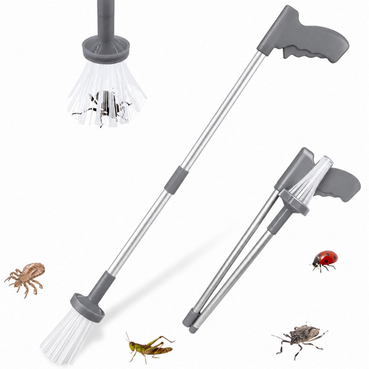Insectenvanger – Spinnenvanger Extra Lang 85 cm - Insectenvanger met Lange Handgreep - Diervriendelijke Spinnengrijper en Spinnenval - Contactloze Insectenriem Inklapbaar - Humane Insectenval Zonder Chemicaliën - Grijs