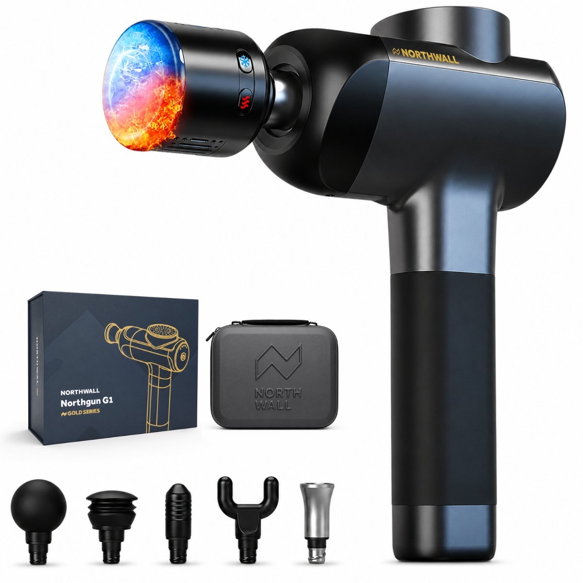 Northwall G1 - Massage Gun Professioneel - Gold Series - Massage Apparaat – Infrarood & Koude massagekop - Massage Pistool Inclusief Koffer - 6 Opzetstukken