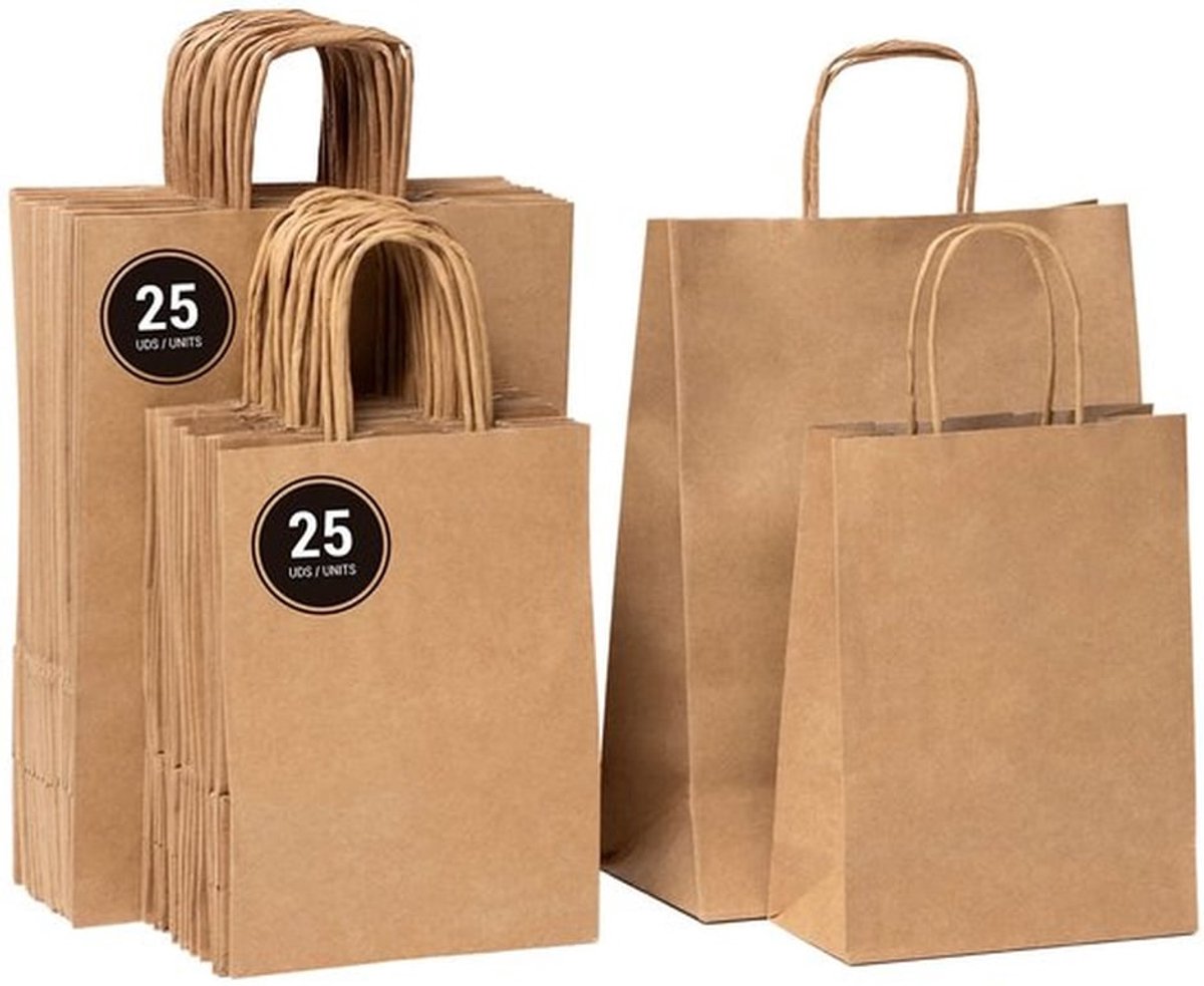 Papieren Tassen Kraft - 50 Stuks - Draagtassen met Handgrepen - Kleine/Grote Zakken - 32x24x11 cm / 24x18x11 cm - Duurzaam Materiaal