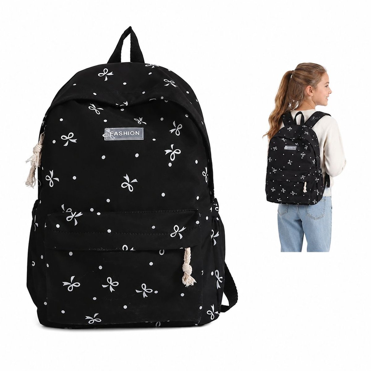 Rugzak - Schooltas Meisjes - Rugzak Kind - 31x13x42 cm - Laptop Rugzak voor Basisschool - Middelbare School - Boekentas met Strik - Cadeau Meisje - Zwart