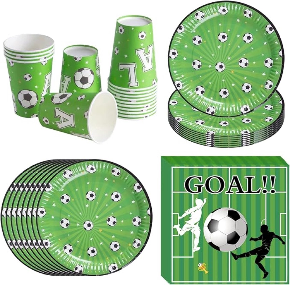 Voetbalfeestservies 16-delig - Groen - Papieren borden, bekers en servetten voor 16 gasten