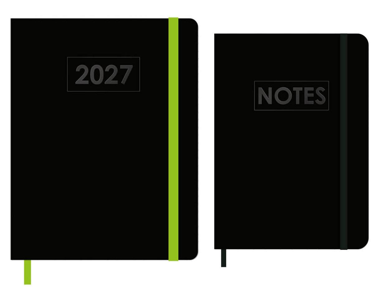 MGPcards - A5+ Agenda 2027 - Weekoverzicht 1w/2p - Zwart + Groen elastiek - 19.5 x 24.5 cm + Notitieboekje/opschrijfboekje - gelinieerd - 80 pagina's - A5 - Zwart