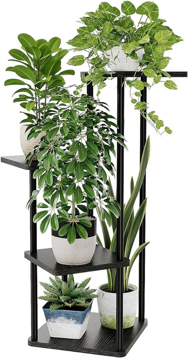 KIRA® Plantenrek Buiten - Decoratief Plantenrek voor de Tuin - Metalen Plantentrap voor Buiten & Binnen - Zwart - 25cm x 13cm x 28cm