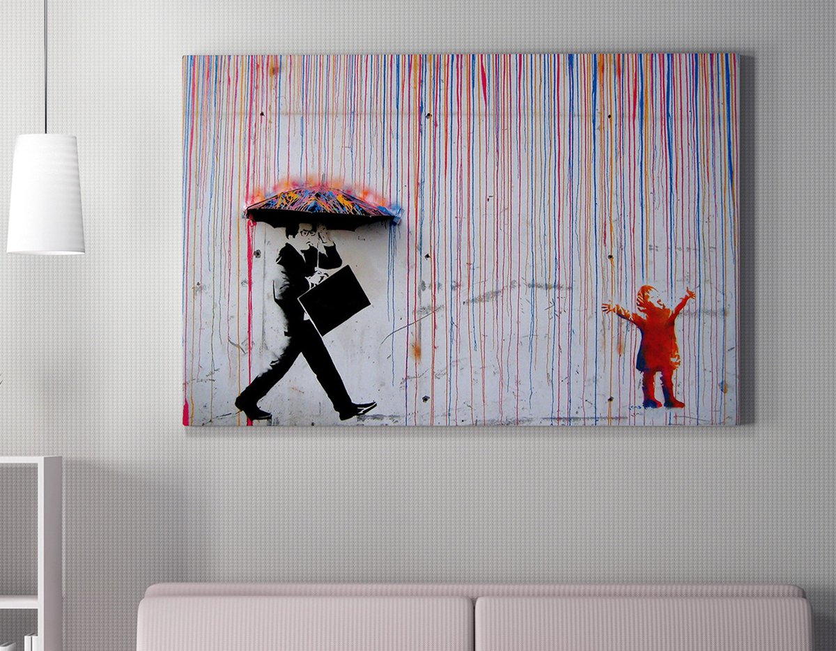 Woondecoratie - "Colored Rain" Banksy Canvas Schilderij - Katoen Polyester Mix - 50x70x3cm Ingelijst Kunstwerk - Veelkleurig Decoratief Stuk voor Elk Interieur