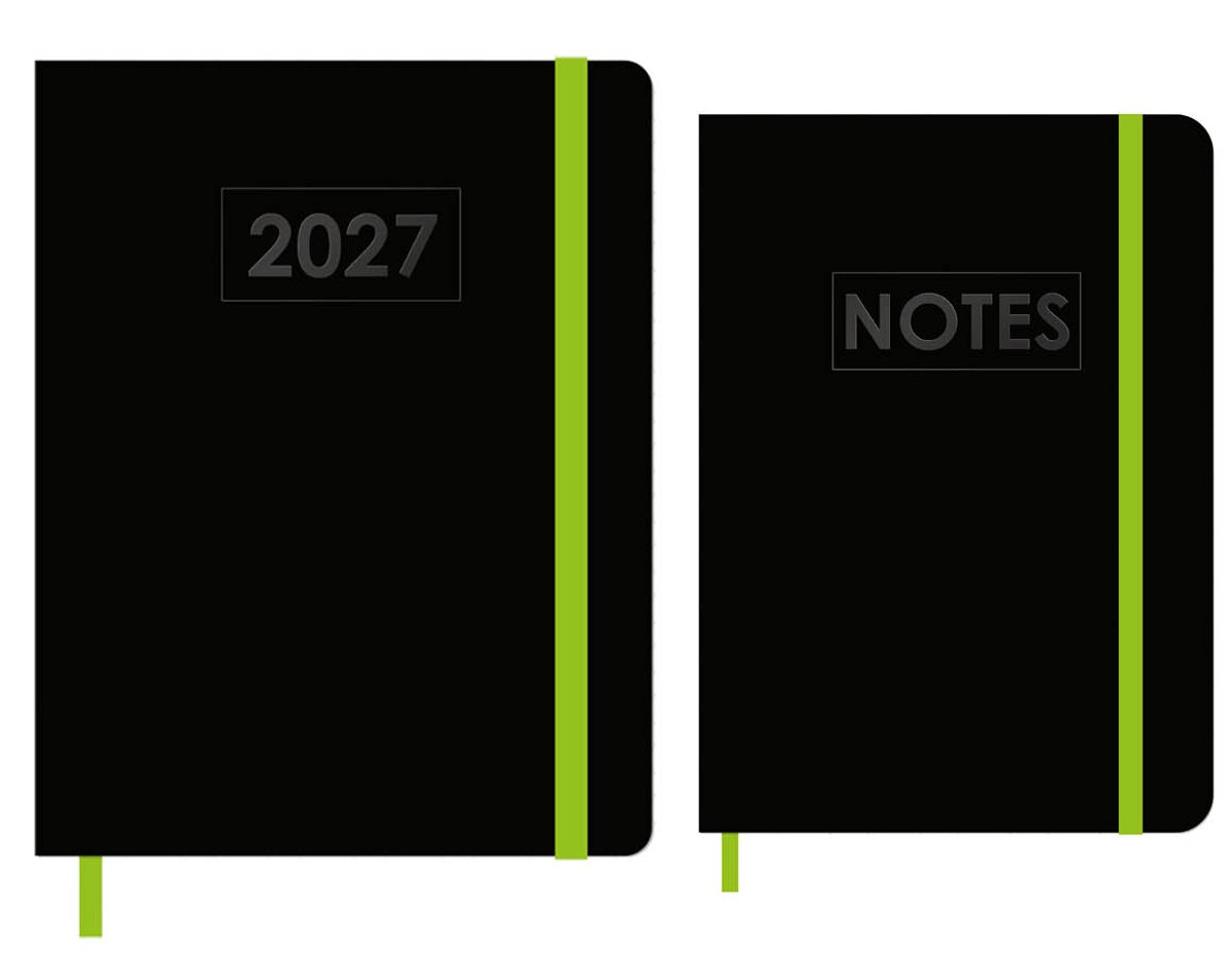 MGPcards - A5+ Agenda 2027 - Weekoverzicht 1w/2p - Zwart + Groen elastiek - 19.5 x 24.5 cm + Notitieboekje/opschrijfboekje - gelinieerd - 80 pagina's - A5 - Zwart-Groen
