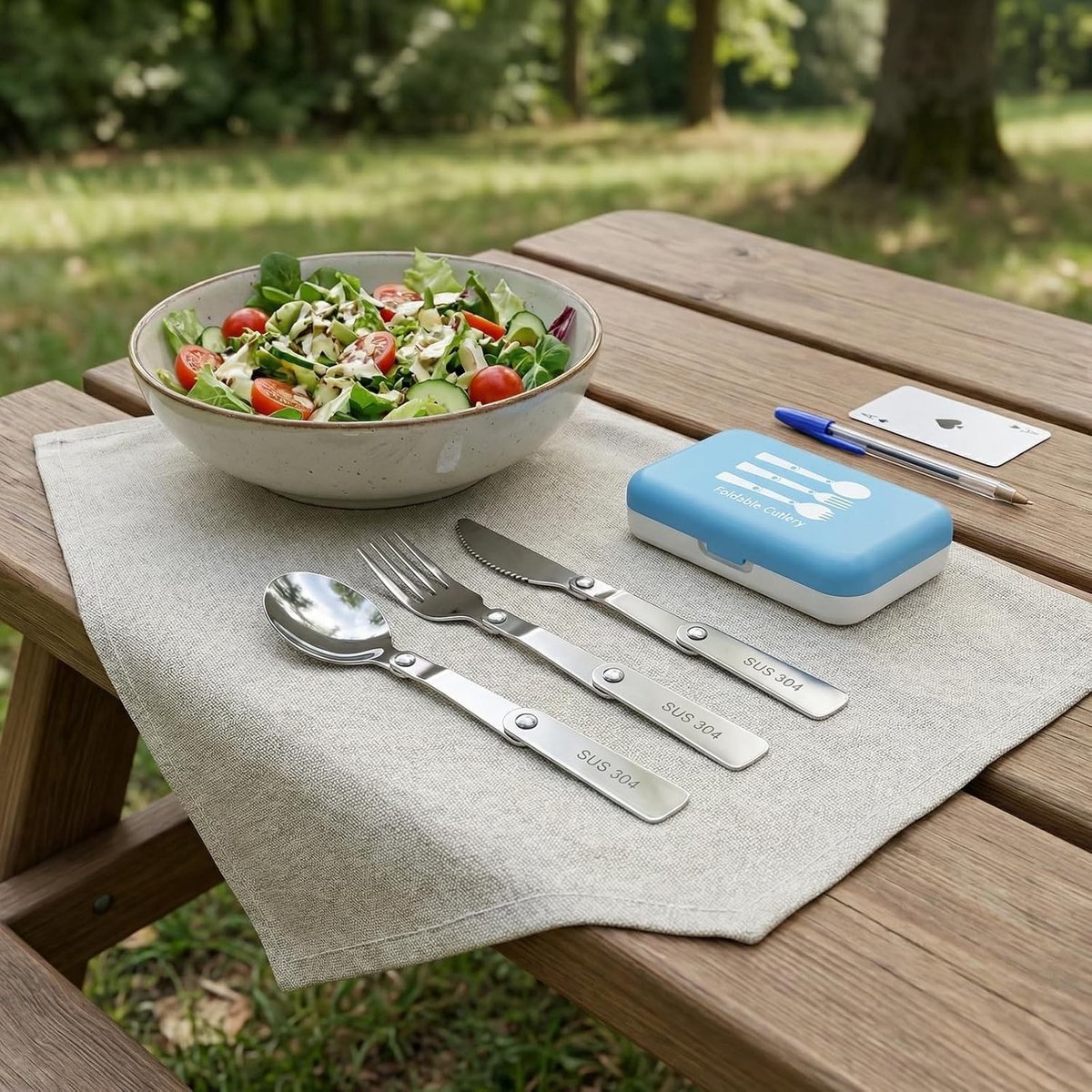 Vouwbare Bestekset van RVS 304 - Lepel, Vork en Opbergdoos voor Kamperen, Picknicken en Buitenactiviteiten