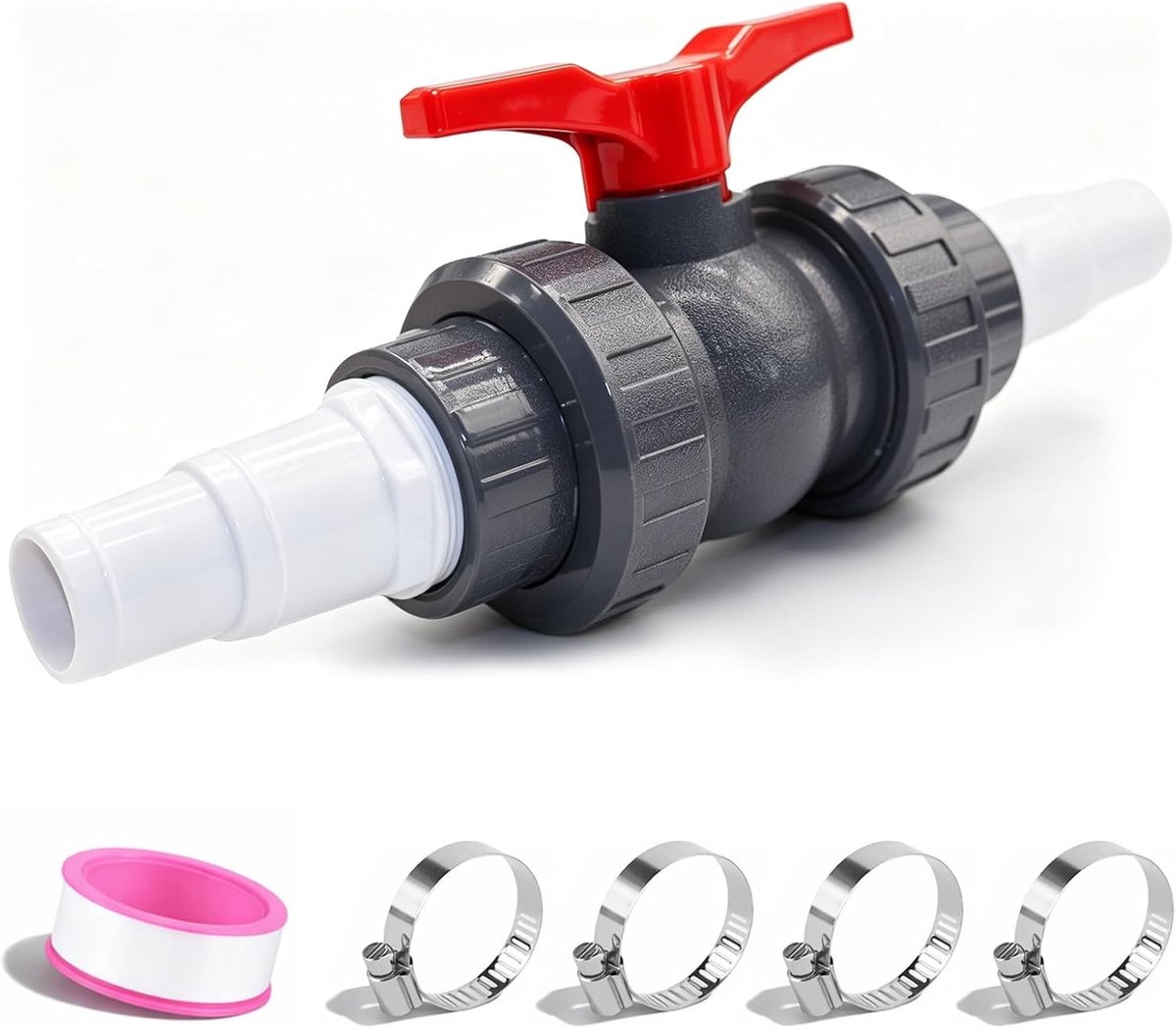 Kogelklep met Slangconnector voor Zwembad, Afsluitklep met 2 Slangen, 32-38 mm, Binnenfitting, Ideaal voor Zwembad- en Vijverconstructie