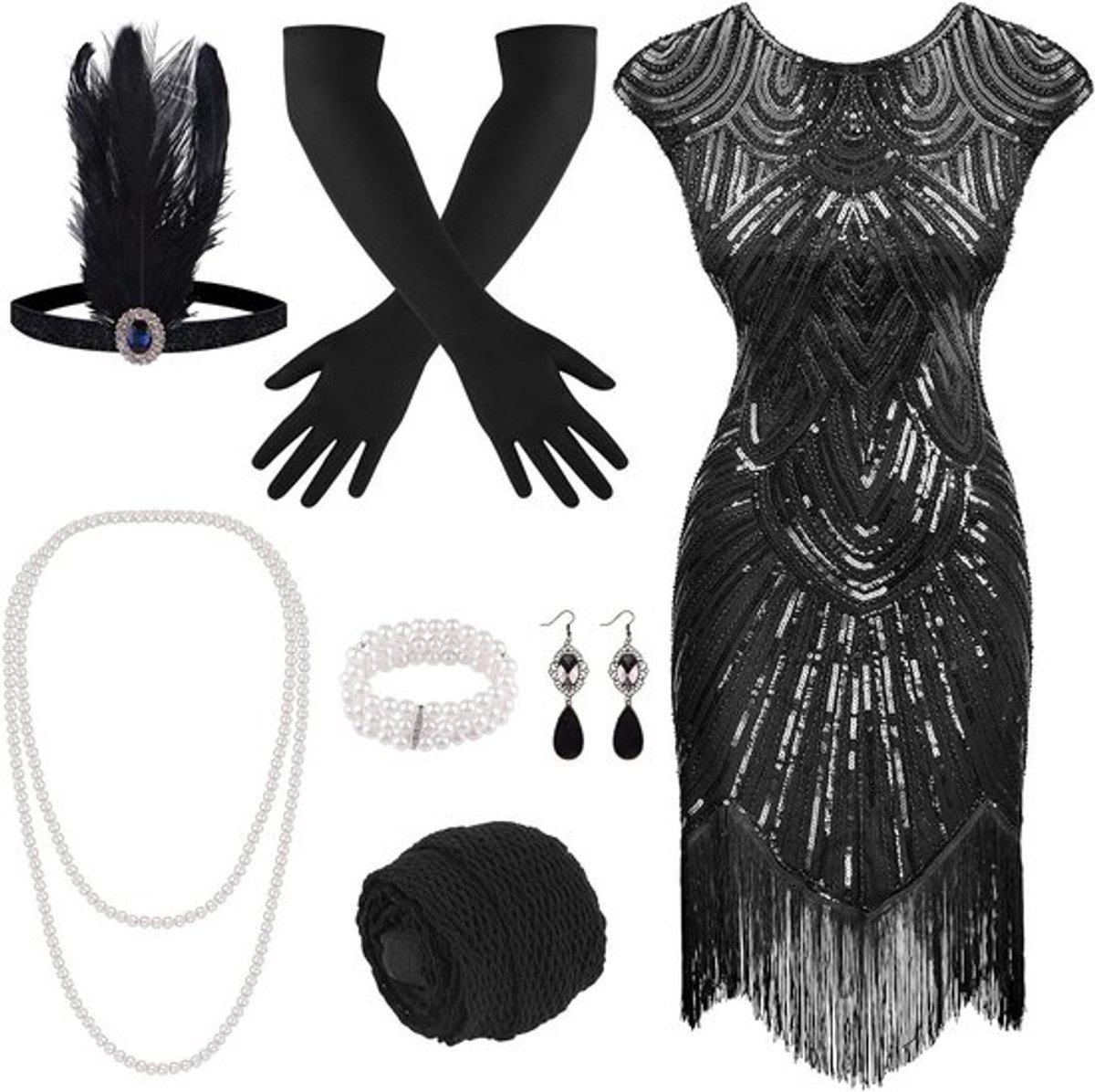 1920s Flapper Jurk met Pailletten en Franje, Inclusief Accessoires Set van 20 (Zwart)