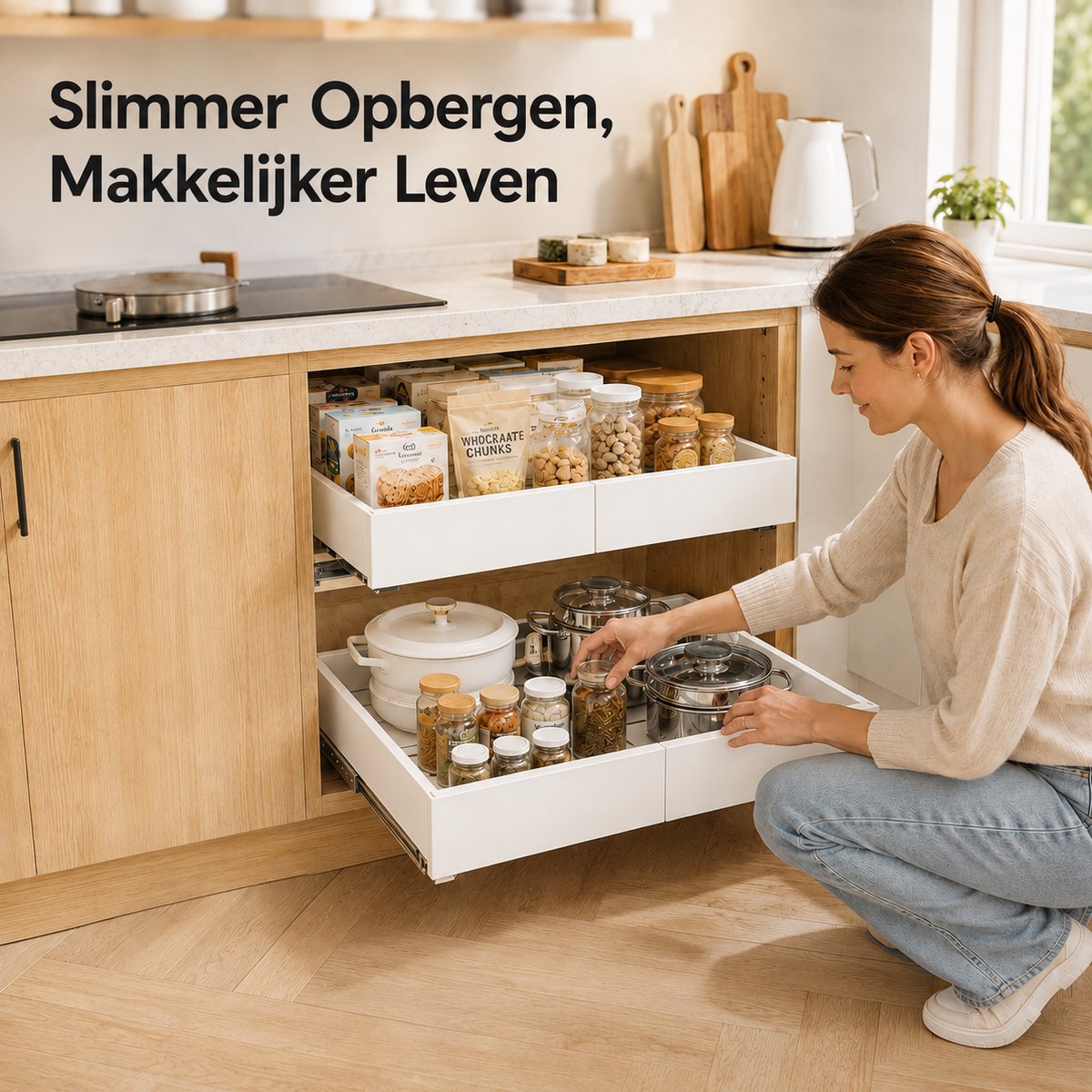 BOTC Uittrekbare Keukenkast Organizer - Verstelbare Kastlade 32-52 cm - Zonder Boren - Draagvermogen 25 kg - Voor Keukenkast & Voorraadkast - Wit — cadeau in Cadeau-ideeën - foto 3