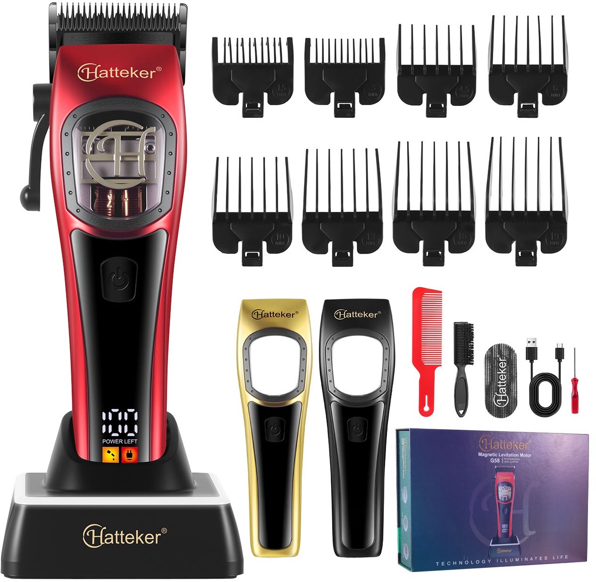 HATTEKER Professionele Tondeuse en Baardtrimmer – 9000 RPM – Magnetische Motor – 2500 mAh – USB-C – Laadstation – LED-display