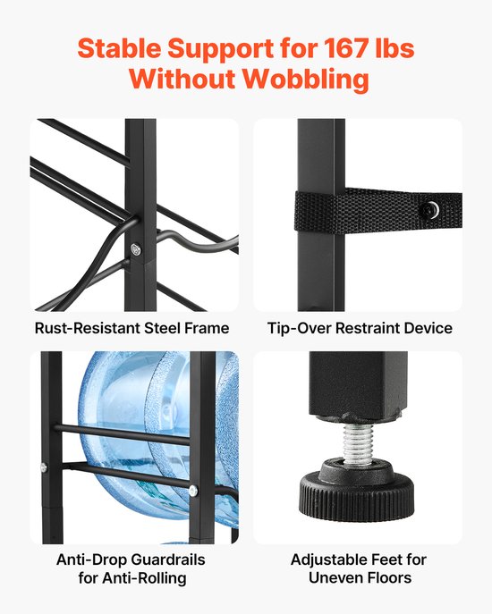 VEVOR Waterkanhouder, 4 Lagen, Dubbele Rijen, voor 4 Flessen, Waterkanrek met Opbergvak en Lade, Waterdispenserrek, Waterflessenrek, Watercontainerrek voor Keuken en Woonkamer — afbeelding 4
