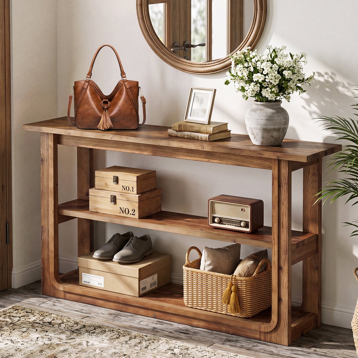 LITTLE TREE 3 Laags Massief Houten Consoletafel - 140 x 35 x 85 cm - Sidetable Achter de Bank - Consoletafel voor Hal, Entree, Woonkamer - Vintage Bruin