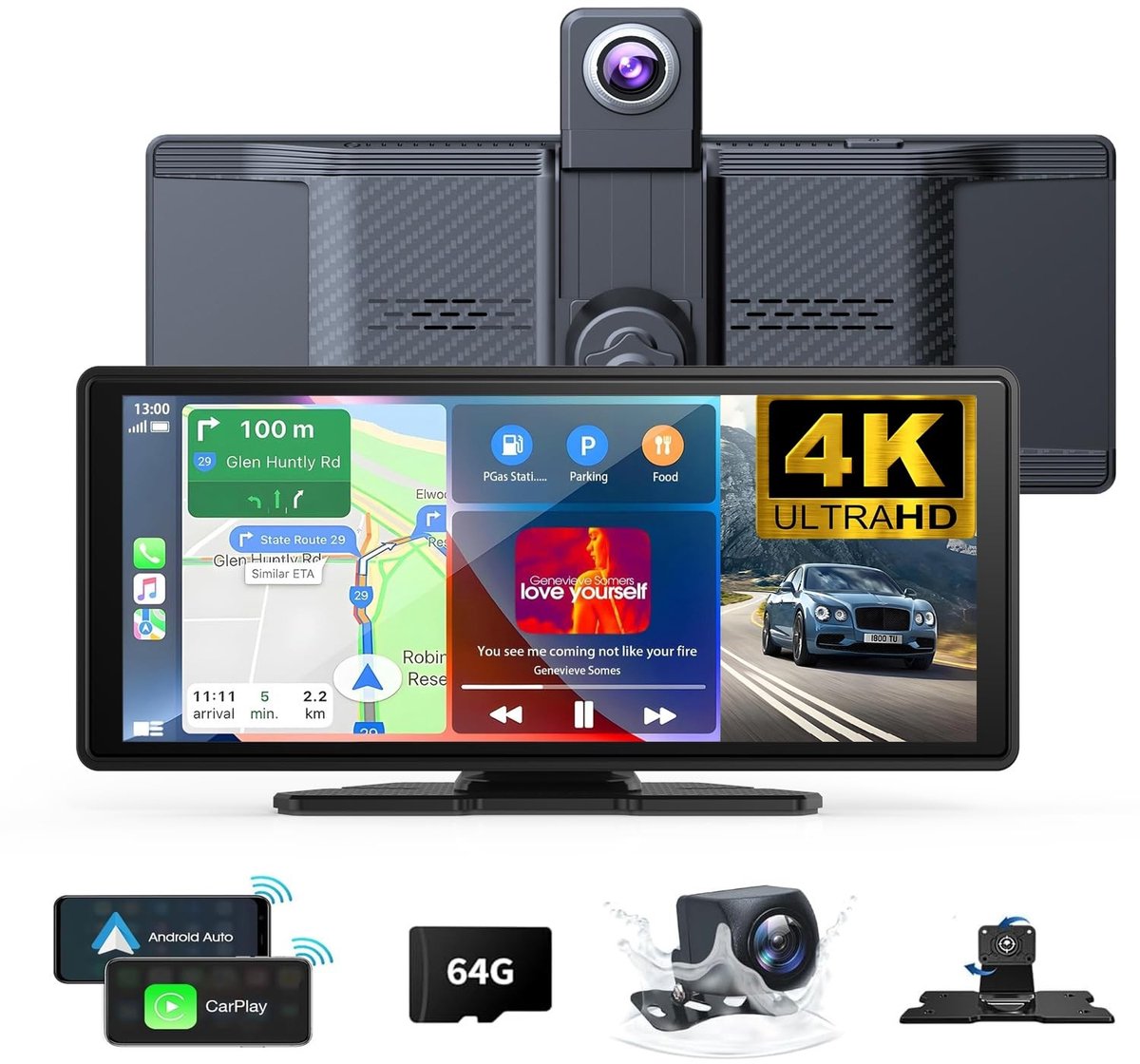 Solidchoice - 10.26 inch Draadloze Carplay Scherm met 4K Dashcam