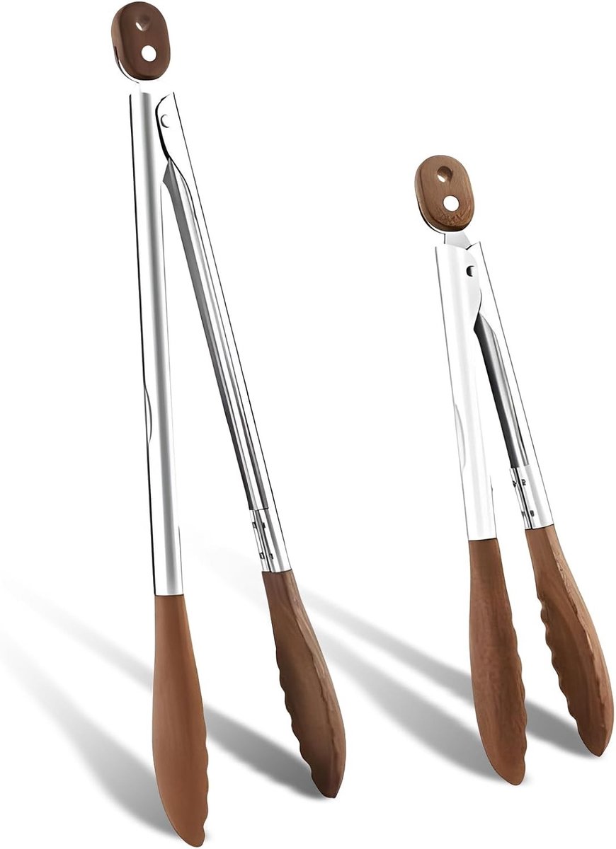 Roestvrijstalen en houten keukentangen set van 2 - Grote grilltang van 38 cm en kleine vleestang van 31 cm voor koken en barbecueën
