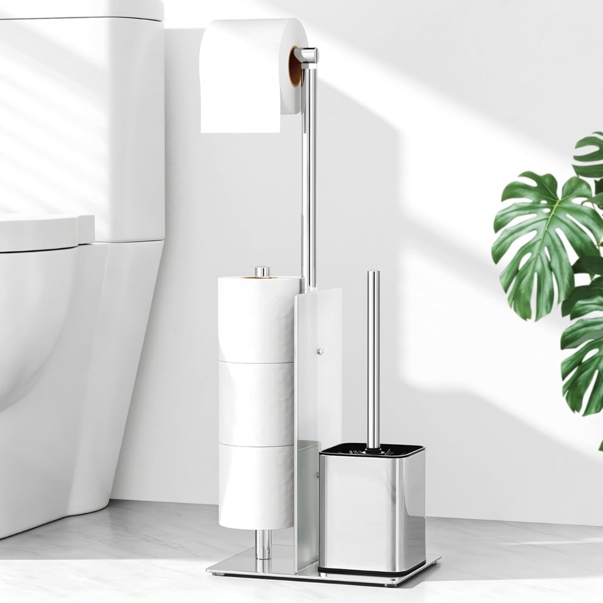 ZRNS® Toiletbutler - Toiletrolhouder - Toilet Butler - Borstel met Houder - Met Glazen Plank - Zilver