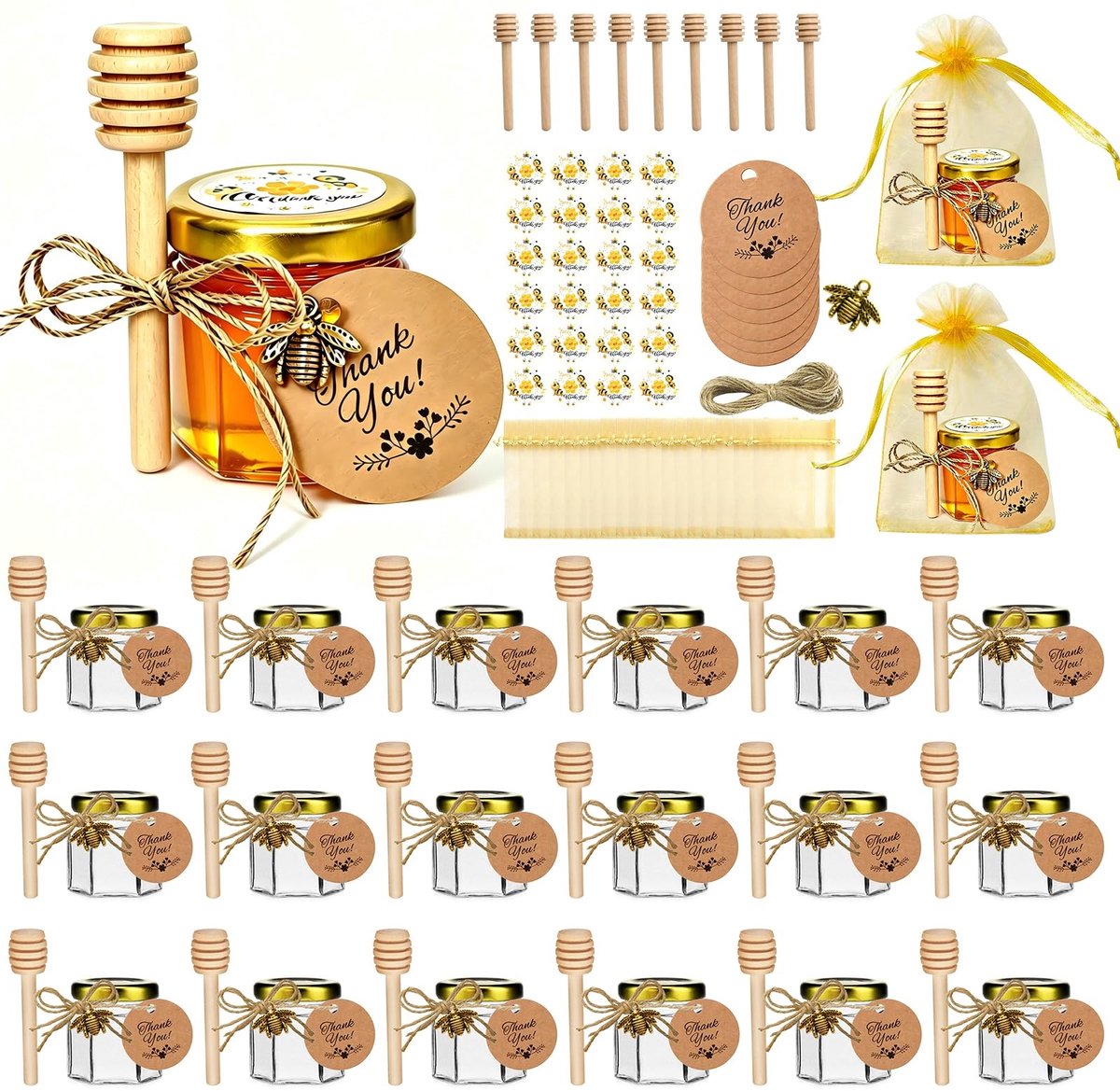 Solidchoice - Set van 20 Mini Glazen Honing Potjes met Houten Lepels