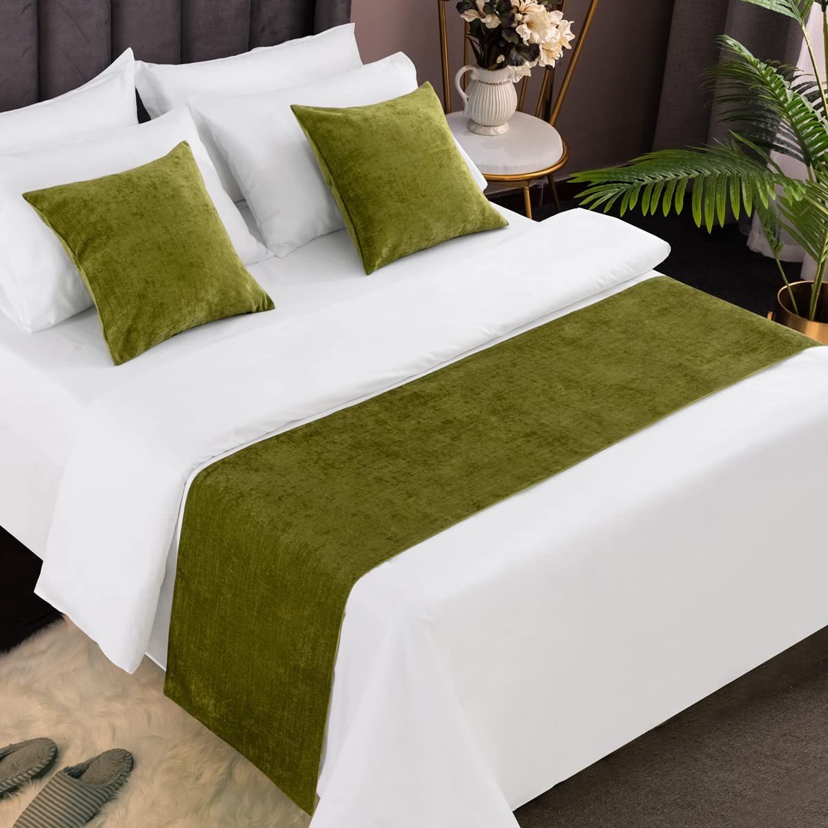 Solidchoice - Chenille Bed Runner Groen voor Decoratie in Huis en Hotel