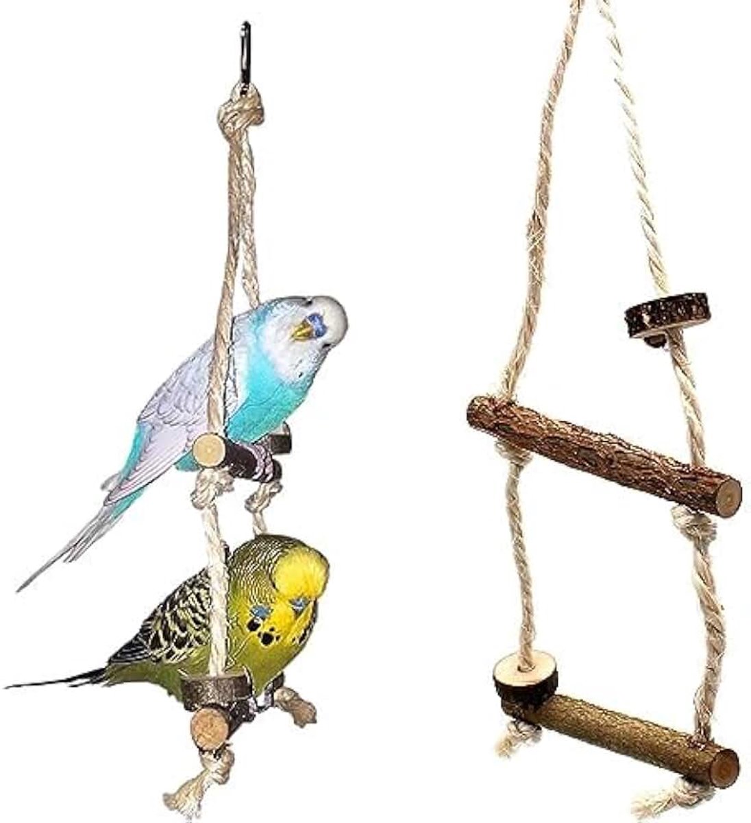 Grasparkieten Schommel Natuurlijk Hout voor Twee Vogels. Handgemaakt vogelspeelgoed door vakman