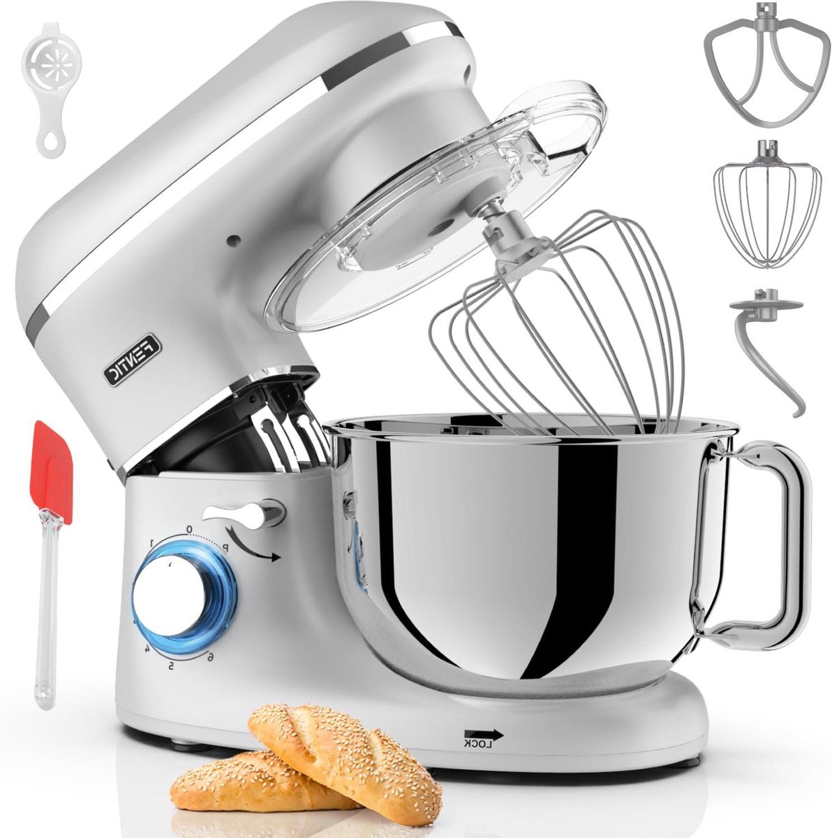 Keukenmachine - Keukenrobot Mixer - Bakken en Koken - 6 Snelheden Pulse - 62 Liter Kom - Zilver