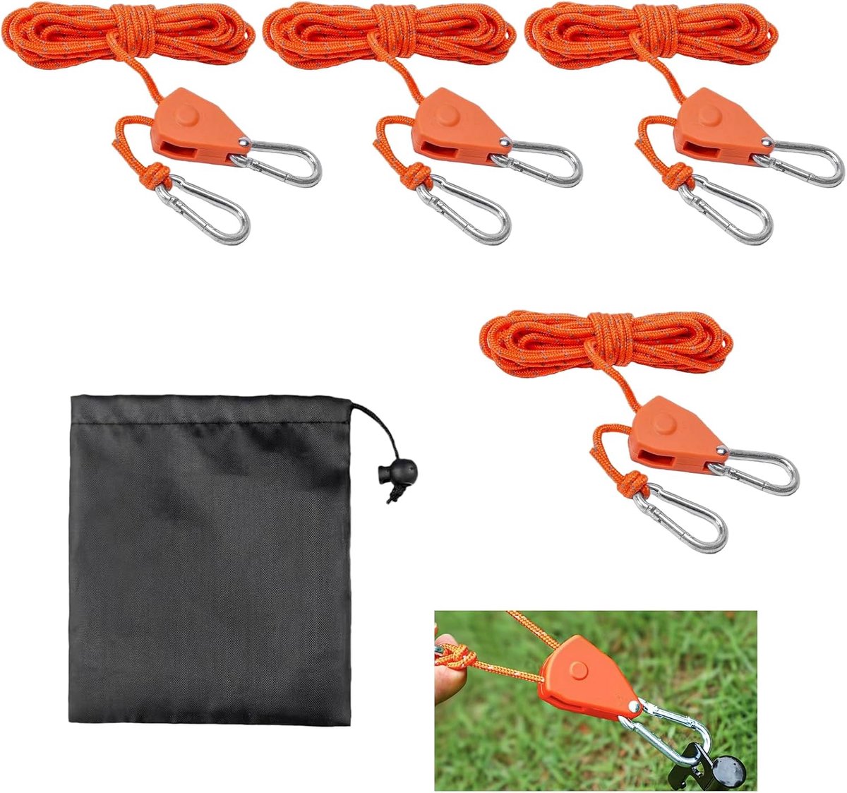 4 stuks 4 mm scheerlijnen met touwspanner, 4 m verstelbare touwratel, ratelophanging voor campingtenten, luifels en zonnezeilen, reflecterend en robuust, tenttouw met haken (oranje)