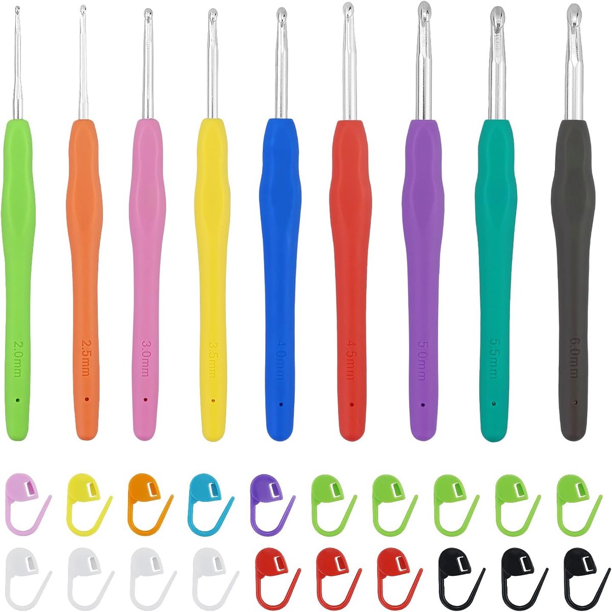 Haaknaaldenset, 9 stuks, meerkleurig, van 2 mm - 6 mm, haaknaalden met 20 steekmarkeringen, ergonomisch zacht rubber, comfort grip, haaknaaldenset, haaknaaldenset, haaknaaldenset voor beginners
