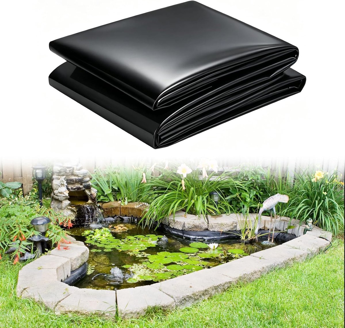 2 x 2 m, HDPE vijverfolie, 0,2 mm dik, zwart, waterdicht en weerbestendig, geschikt voor visvijver, landschapsarchitectuur, waterspel, beeklopen, fontein, waterval