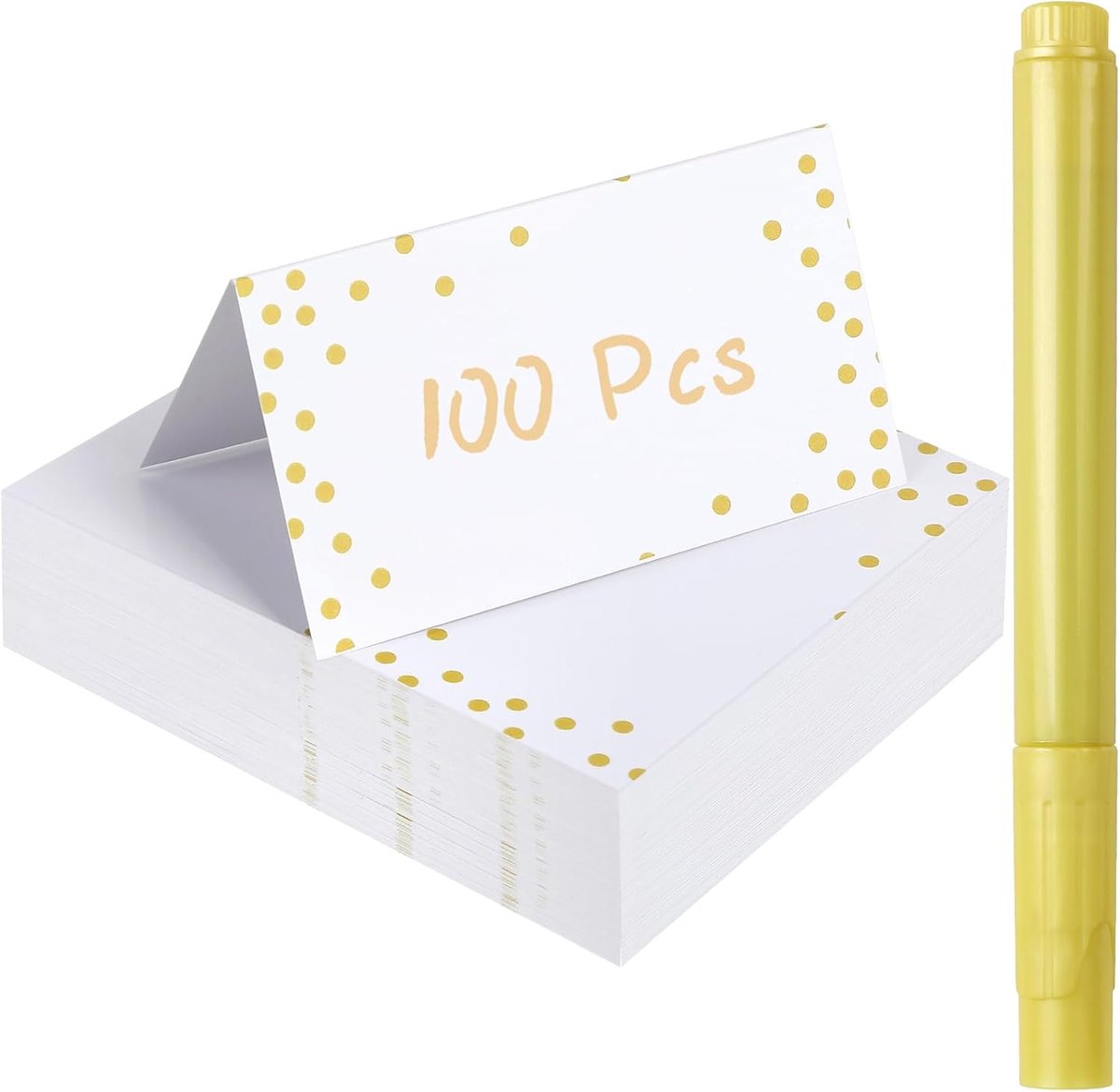 100 stuks plaatskaarten, goudfolie, stippen, blanco, met 1 markeerstift, naambordjes voor bruiloft, tafelkaartjes om te beschrijven, voor bruiloft, communie, verjaardag, festival, feest, doop