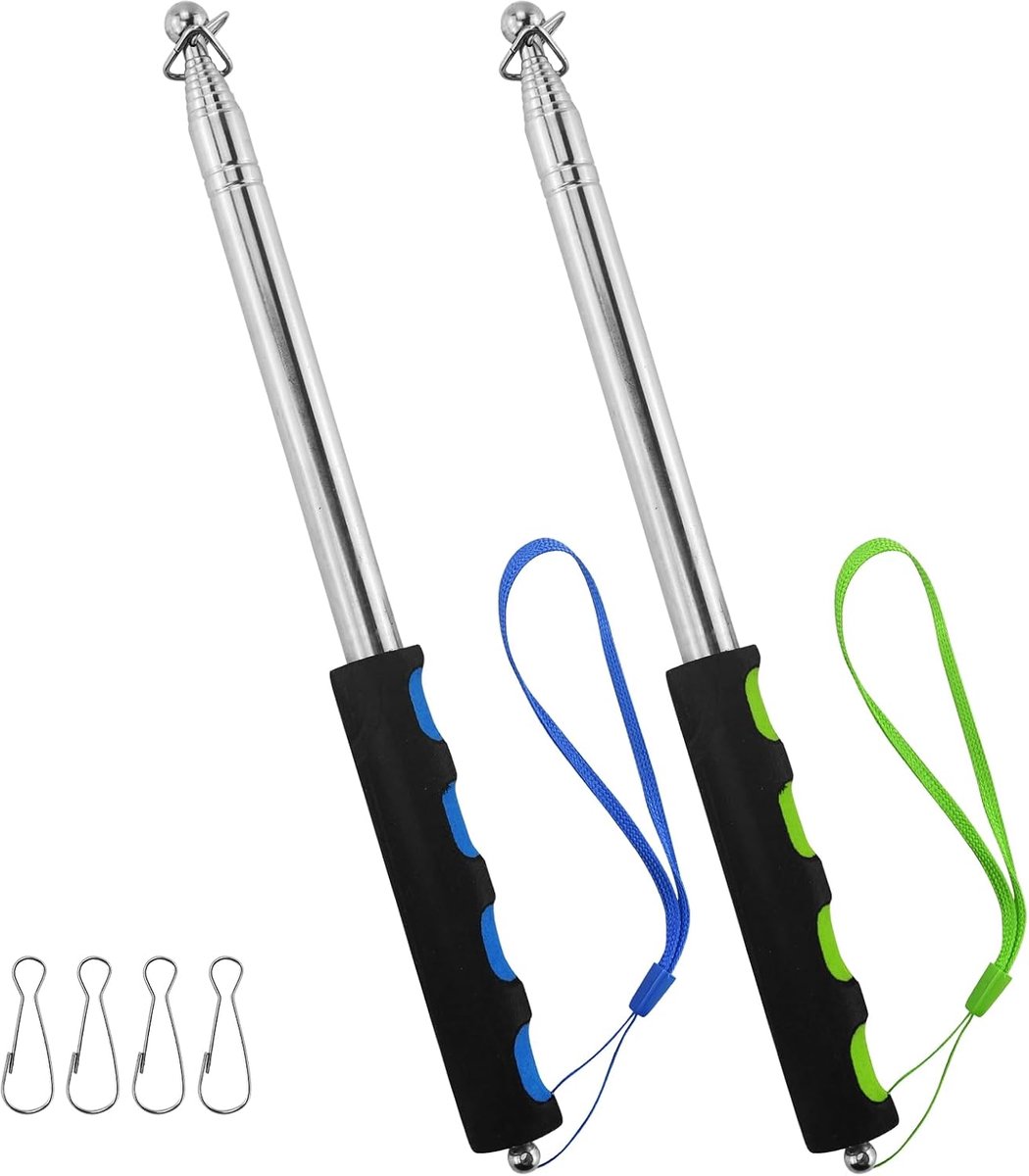 2 stuks telescopische vlaggenstangen, 2 m, handheld telescopische vlaggenmast roestvrij staal met 4 clips haken, telescopische stang, uittrekbaar voor reizen, camping, reisgids, leraar