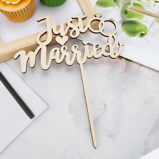 Just Married Decoratieve Taarttopper, Houten Taartdecoratie, Bruiloft, Just Married, Bruiloftstaart, Decoratie, Taartsteker, Bruiloft, Taarttopper, Bruiloftsdecoratie, Taart Voor 1 Stuk — afbeelding 2