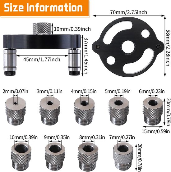 Zelfcentrerende deuvelmal kit, boorgeleider met 9 stuks boorbussen voor 2 tot 10 mm, houtbewerkingscentrum boren locator, gewrichten gereedschap voor rechte gaten, houten paneel perforator — afbeelding 4