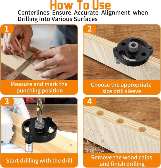 Zelfcentrerende deuvelmal kit, boorgeleider met 9 stuks boorbussen voor 2 tot 10 mm, houtbewerkingscentrum boren locator, gewrichten gereedschap voor rechte gaten, houten paneel perforator — afbeelding 5