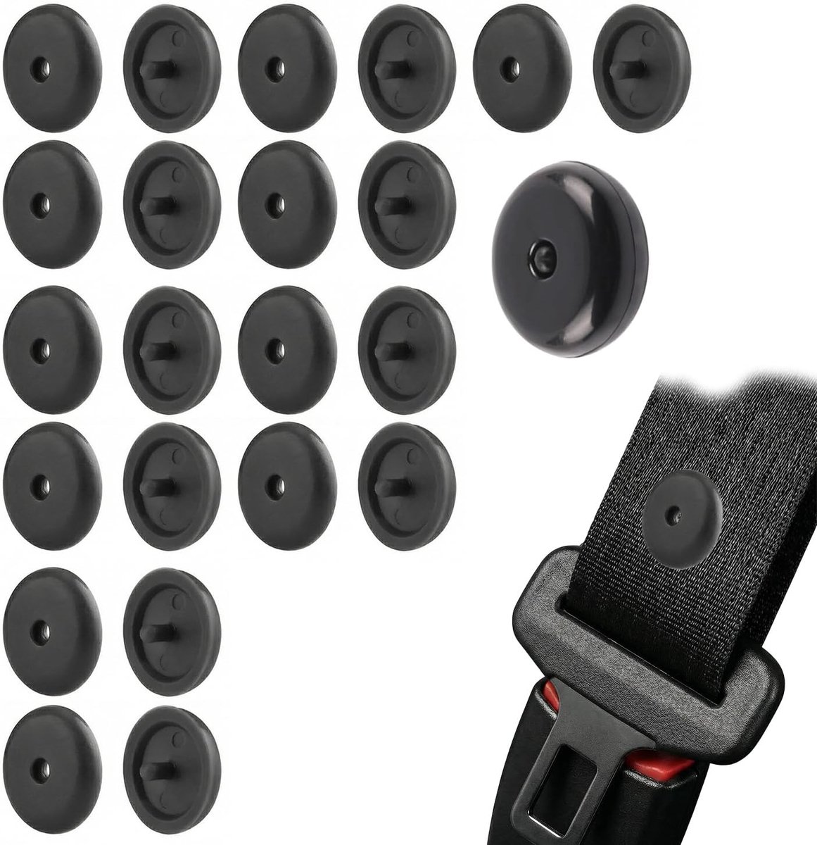12 stuks zwarte paddenstoelhoofdgordelstoppers, duurzame plastic gordelknoppen, universele pasvorm voor de meeste autogordels, voorkomt het glijden van de riem en verbetert het rijcomfort