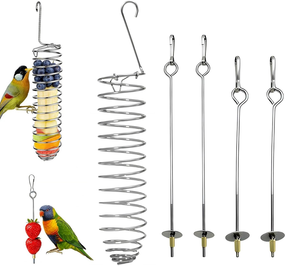5 stuks roestvrij stalen vogelspies, vogelspeelgoed, papegaaienspies, roestvrij staal, papegaaienspies, voederdispenser, draaide-voederautomaat, feeders voor parkieten en vogels voor parkieten