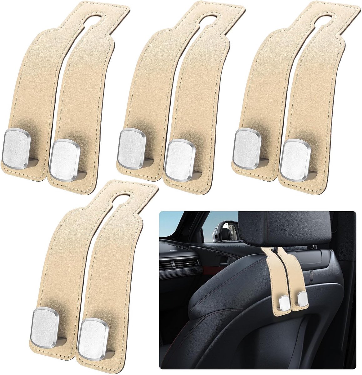 4 stuks haken voor hoofdsteunen auto, beige, dubbel | Voor autostoel, tashouder van leer en ABS, organizer, handtas, kleding, paraplu, binnenaccessoires