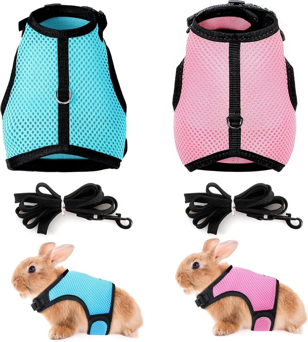 2 stuks halsbanden voor huisdieren, riem voor konijn, zachte konijnenhalsband met riem, accessoires voor kleine dieren (blauw, roze)